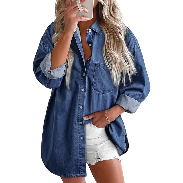 Amazon.com: Women's Button Down Denim Shirts Long Sleeve V